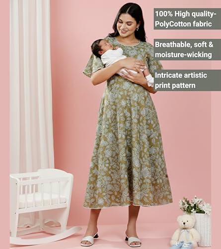 Image of DUMMY SHAPE Feeding Kurtis for Women Cotton Rayon | Printed Pregnancy Flare Kurta with Nursing Zippers to Pre & Post Partum | Maternity Dresses | Gifts for Pregnant Woman