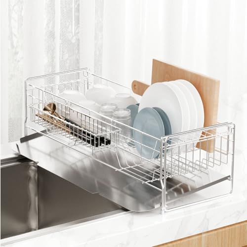 【aiji】 水切り 水切りラック 伸縮 調整可能 ステンレス 食器 水切りかご 大容量 水切りカゴ シンク上 自動排水 横置 流れる キッチン キッチン用品 台所収納 キッチン収納 棚 収納 箸置き付き キッチンラック 調理台 省スペース 組み立て簡単