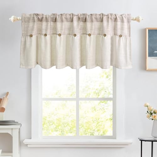 Farmhouse Boho Linen Button Valance for Kitchen Window Dining Room