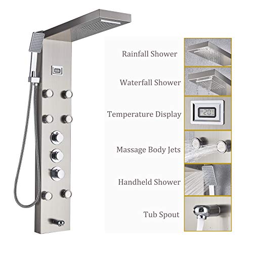 Rozin Nickel Brossé 5 Fonctions Panneau De Douche Thermostatique Mélangeur Contrôle Cascade Pluie Robinet De Douche Corps Massage Jets avec Pulvérisation À La Main