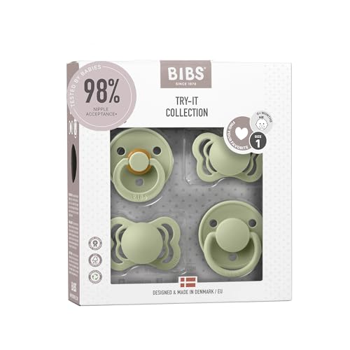 Image of BIBS Try-It Collection | 4-Pack Soothers | BPA-Free Round, Anatomical & Symmetrical Nipple | Natural Rubber Latex/Silicone | Made in Denmark | 0-6 Months | Sage