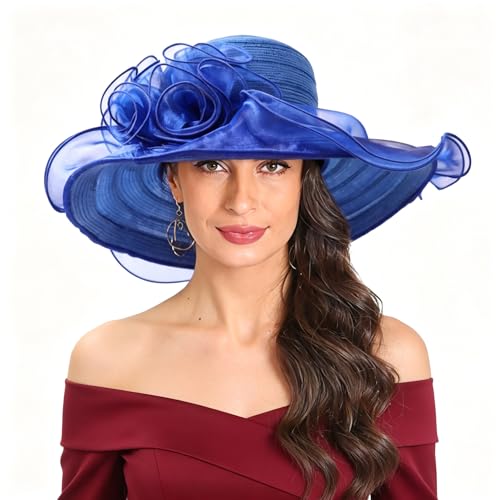 FORBUSITE Kentucky Derby Church Dress Hat for Women Yellow Fascinator Bridal Tea Party Wedding Hat Wide Brim, Blue, M