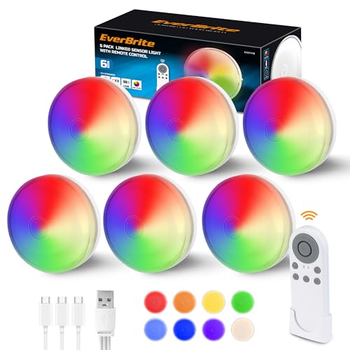 EverBrite Puck Lights with Remote, Rechargeable Linked Sensor Under Cabinet Lights, 10 RGB Colors, Group Control Dimmable Kitchen & Bedroom (6-Pack)