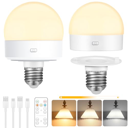 Necomi LED Rechargeable Light Bulbs,Operated Light Bulb with Remote, Suitable for E26/E27,3 Colors, Adjustable Brightness,Timer,Magnetically Detachable,Wireless Light Bulb,2 Pack
