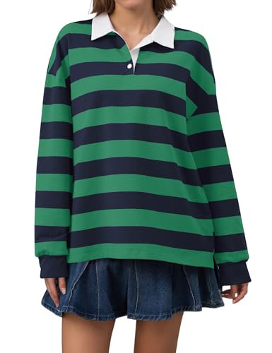 Meladyan Rugby Shirt Women Polo Striped Sweatshirt Oversized Long Sleeve Lapel V Neck Pullover Top Y2K Streetwear Blouses