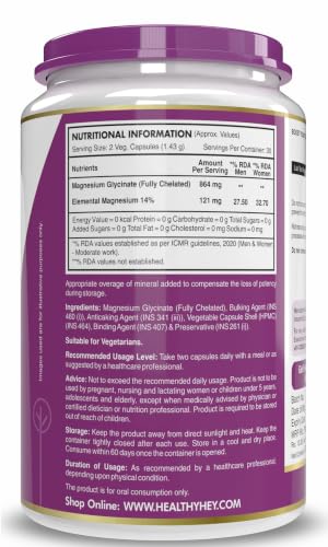 Image of HealthyHey Nutrition Magnesium Glycinate 14% Fully Chelated Supplement High Absorption for Sleep, Cramps, & Nerves Health - 60 Vegetable Capsules
