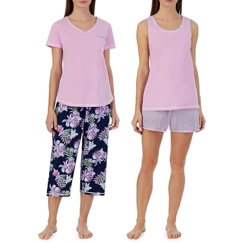 Carole Hochman Women's 4-Piece 100% Cotton Pajama Set – V-Neck T-Shirt, Tank, Capri Pants & Shorts with Drawstring & Pockets, Lilac, Small Cover