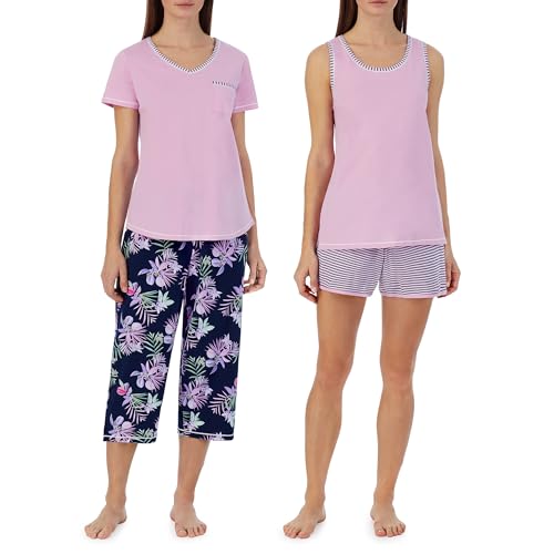 Image of Carole Hochman Women's 4-Piece 100% Cotton Pajama Set - V-Neck T-Shirt, Tank, Capri Pants & Shorts with Drawstring & Pockets