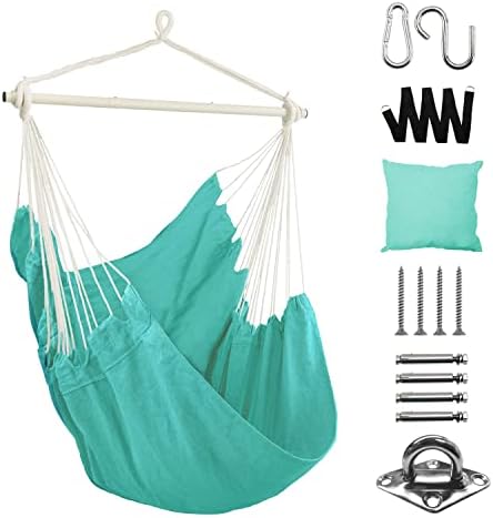 Dekool Hammock Chair Hanging Rope Swing, Detachable Steel Support Bar, Max 330 Lbs, Soft Durable Cotton Canvas, 1 Cushion & Hanging Hardware Included, for Indoor Outdoor, Green