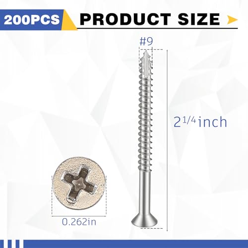 Image of 200 Pack Satin Nickel Wood Screws #9 Extra Long Heavy-Duty Hinge Screws for Doors, Cabinets, Furniture & DIY Projects (2 1 /4 Inch,Sliver)