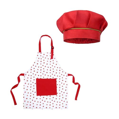 SLAXJNE Delantal Infantil Fresa con Gorro Cocinero Infantil, Antimanchas, Halter, con Bolsillos, para Hornear