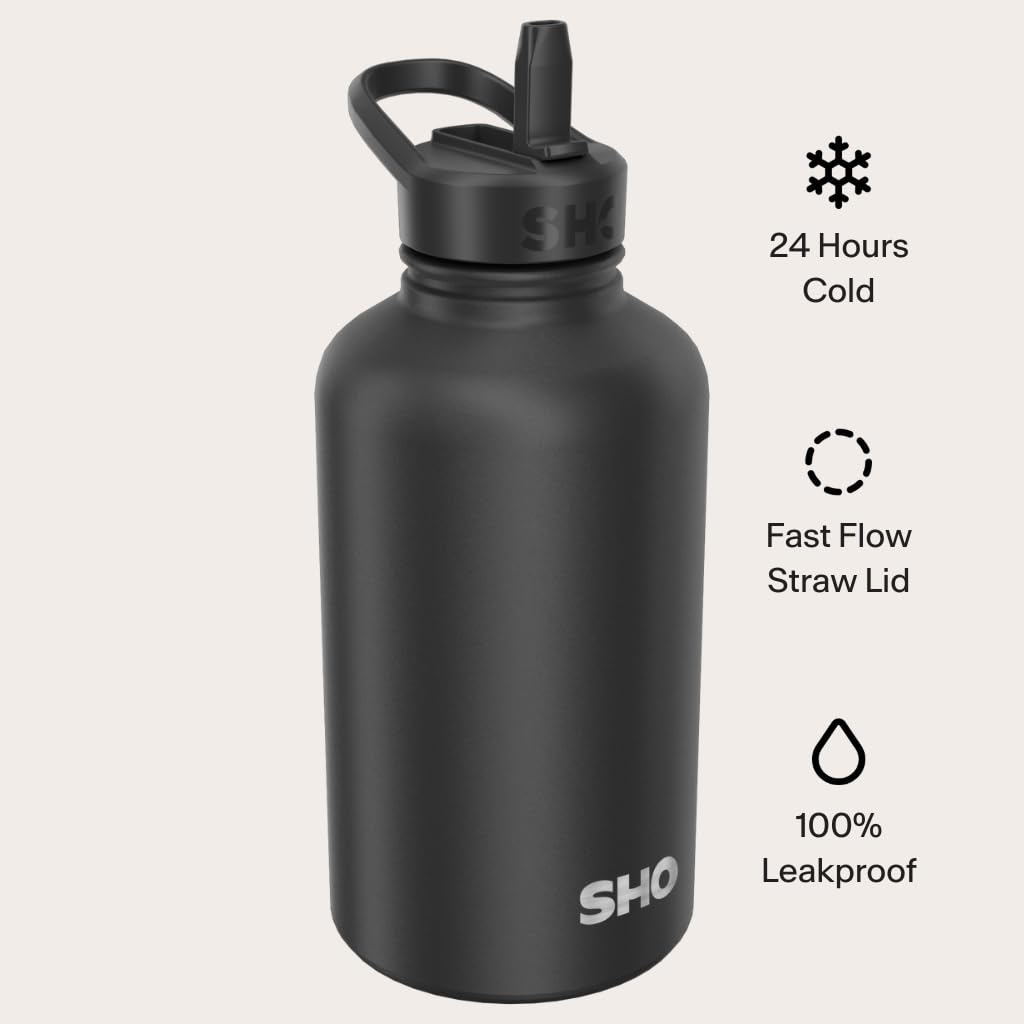 SHO Guzzler - Botella de agua con tapa con pajita, a prueba de fugas, apta para lavavajillas, sin BPA, sin sudor, termo de metal de doble pared aislada al vacío, 950 ml y 1900 ml, 24 horas de frío