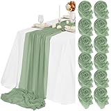 Teruntrue 12 Stück Tischläufer Salbeigrün 55x300 cm Neuer Natürlicher Weichlook Bohemian-Gaze-Käsetuch-Tischläufer für Hochzeit, Party, Babyfeier, Brautshower, Geburtstag-Dekorationen