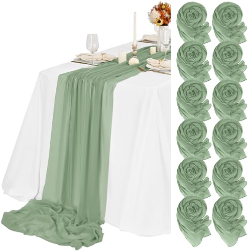 Teruntrue 12 Stück Tischläufer Salbeigrün 55x300 cm Neuer Natürlicher Weichlook Bohemian-Gaze-Käsetuch-Tischläufer für Hochzeit, Party, Babyfeier, Brautshower, Geburtstag-Dekorationen