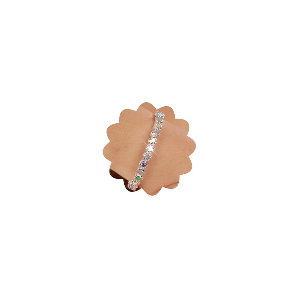 Xerling Silver Iridescent Rhinestones Stretch Open Cuff Tennis Bracelets Colorful Stretchable Crystal Bracelets Hand Chain Jewelry for Women (Colorful)