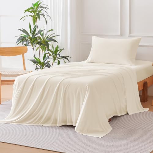 Image of Amazon Basics Jersey Knit 3-Piece Sheet Set, Wrinkle Resistant and Easy Fit, Includes 16 inch Deep Pocket Fitted Sheet, 1 Flat Sheet and 1 Pillowcase, Twin, Ivory White