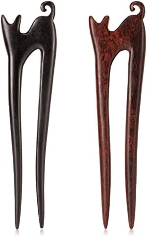 Noverlife 2PCS U Shape Wooden Hair Sticks, Handmade Carved Ebony Sandalwood French Hair Forks, with Cute Cat Kitty Design, 2-Prong Vintage Wood Hair Pins for Women Chignon Bun Updo Hairstyle