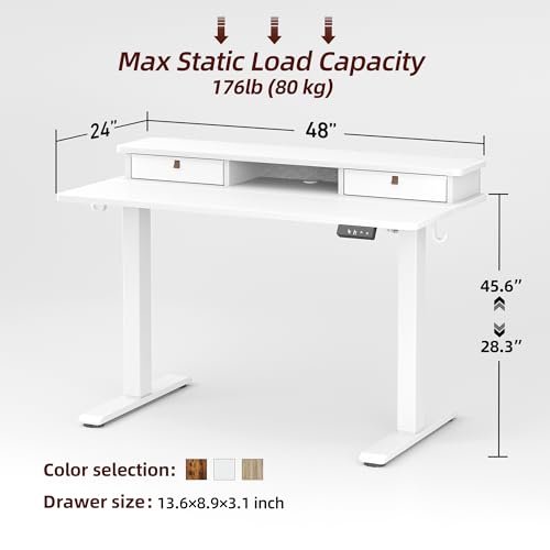 Image of TIQLAB Standing Desk with Two Drawers, Stand Up Standing Desk Adjustable Height, Electric Sit Stand Table with Storage Shelf and Splice Board, 48 * 24 inch, White