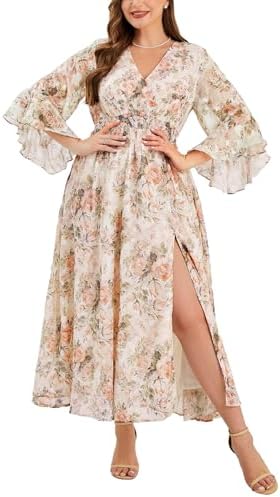 Wedding Guest Dress Plus Size Ruffle Bell Sleeve V Neck A Line Fl...