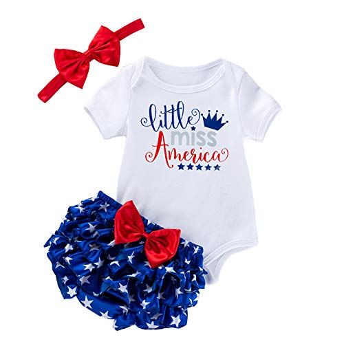 Image of BeQeuewll Infant Newborn Baby Girl 4th of July Outfits Letter Romper Tutu Bloomers Shorts Set First Fourth of July Set