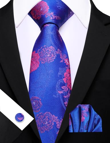 Image of Barry.Wang Flower Ties for Men Silk Woven Floral Tie Sets Necktie Handkerchief Cufflinks Wedding Party