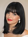 FANCEE Layered Wigs with Bangs 14 Inch Short Black Glueless Ready-to-Go Straight Synthetic Bob Wigs for Women Realistic Scalp Daily Cosplay Use