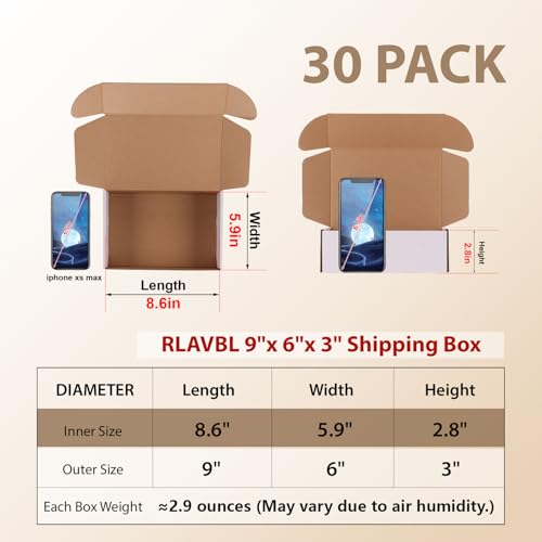 Image of RLAVBL 9x6x3 Shipping Boxes Set of 30, White Corrugated Cardboard Mailer Box for Packing Mailing Small Business
