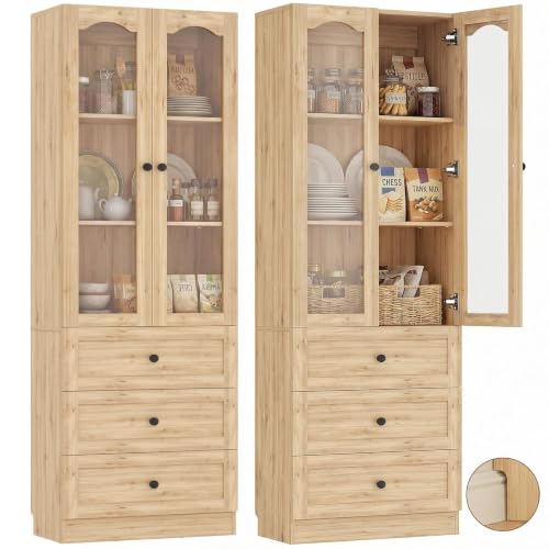 Image of Cyclysio 80" Tall Pantry Cabinet with Glass Doors & Drawers, Natural Oak