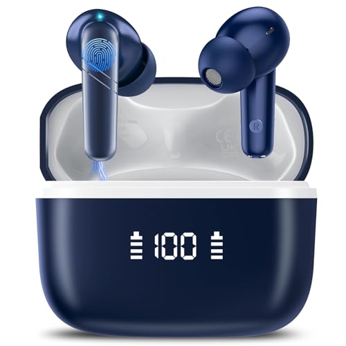 Wireless Earbuds, Bluetooth 5.4 Headphones HiFi Stereo, 48H Bluetooth Earbuds with 4 ENC Noise Cancelling Mic, IPX7 Waterproof in Ear Buds, LED Display, Wireless Earphones for Android/iOS, Azure