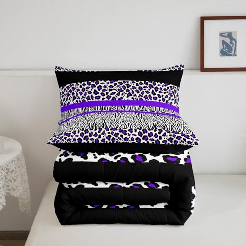 Image of Feelyou Kids Full Size Purple Leopard Comforter Set Zebra Bedding Set Purple Black Comforter for Kids Boys Girls Animal Duvet Insert Adult Bedroom Decor 3Pcs