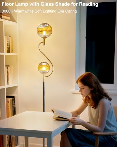 Image of Lightdot Gold & Black Floor Lamp, Mid Century Standing Lamps with Globe Teaed-Strip Glass Shade& Warm White Bulbs Included, Modern Tall Floor Lamp for Living Room /Bedroom /Sofa Beside /Corner Decor