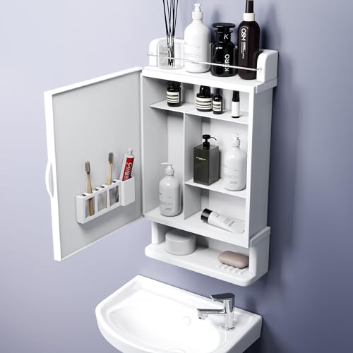 GLOXY Bathroom Cabinet with Mirror | Unbreakable ABS Premium Multipurpose Bathroom Mirror Cabinet with Shelves Storage & Mirror Door | Decorative Wall Shelf | Bathroom Accessories (White)