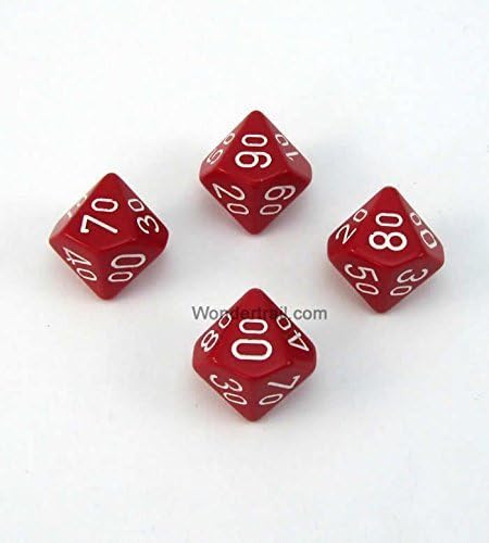 Wondertrail WCXPQ1104E4 Red Opaque Dice with White Numbers 10s D10 Aprox 16mm (5/8in) Pack of 4 Dice Chessex