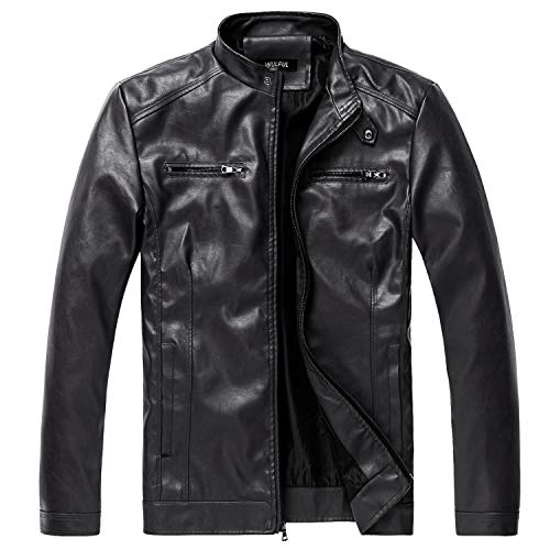 Image of WULFUL Men's Stand Collar Leather Jacket Motorcycle Lightweight Faux Leather Outwear