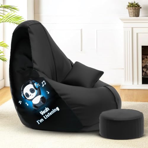 Image of Amazon Brand - Solimo 3XL Premium Faux Leather Bean Bag Combo with Footrest & Cushion, Filled with Beans | Capacity: Upto 6 Ft 3 in Height, 120 KG Weight | Yeah I'm Listening Print