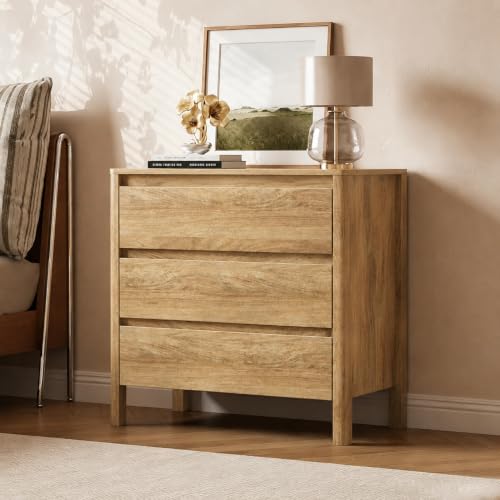 Image of Mid Century Modern Nightstand, 31.5 inch Wide Bedside Table with 3 Large Storage Drawers, Wood Legs, Wooden End Table for Bedroom, Oak