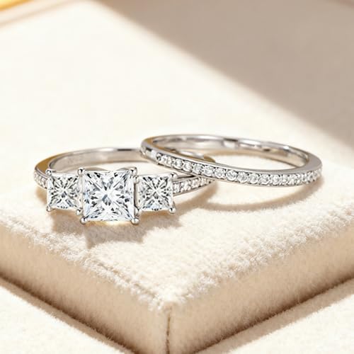 Princess Cut Wedding Ring Set for Women White Gold 3 Stone Moissanite Bridal Ring Set Engagement Ring Set 10K 14K 18K Gold Anniversary Promise Rings for Her with Text Engraving4