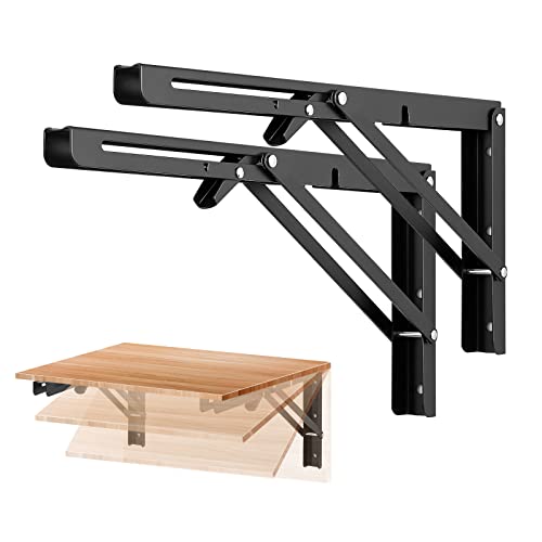 Image of Ravinte 2 Pack 14 Inch Folding Shelf Brackets - Matte Black, Heavy Duty Collapsible Brackets for Tables and Benches - Space-Saving Design