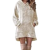 KPPONG Pullover Damen Teddy-Fleece Winter Langer Kapuzenpullover Groß Sweatshirt Hooded Warm Plüsch Pulli Pulloverkleid (Medium, Khaki)