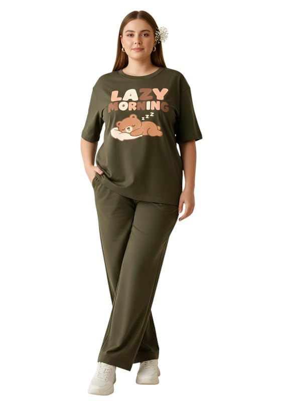 my swag Women Plus Size Nightsuit Set/Lazy Morning Graphic T-Shirt Pajama Set/Cotton Nightwear/Night Dress for Women/T-Shirt Lower Set-picture-1