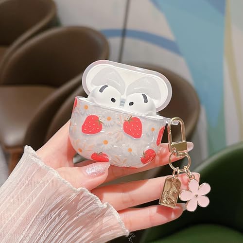 Image of MINSCOSE for Cute Glitter AirPods 4 Case,Shell Pattern Girly Strawberry Design with Trendy Floral Keychain,Soft TPU Protective Cover with Cleaner Kit for Girls Women for AirPods 4-Red