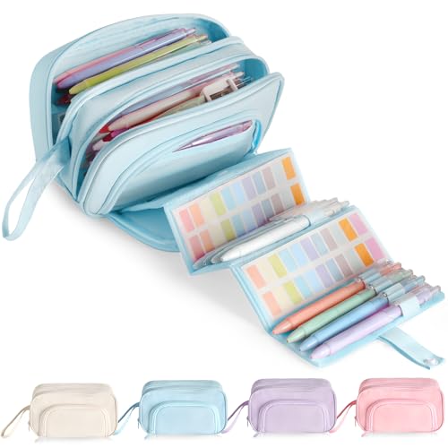 Image of Large Capacity Pencil Case with Pull-out Structure - Multifunctional Extra Big Pencil Pouch Pen bag, Portable Stationery Organizer with Zipper, Office School Supplies for Teen Boys Girls, Blue