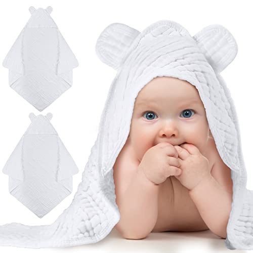 Image of Chumia 2 Pcs Baby Hooded Muslin Cotton Towel 32 x 32 Soft Baby Towels for Newborn, Babies, Infant and Toddler, Cute Essentials 6 Layers Washcloths Baby (White)