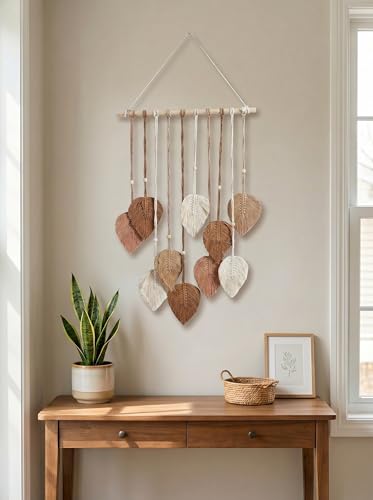 Image of JH Gallery Macrame Leaf Hanging, Boho Tapestry with Wooden Beads for Bedroom, Living Room, Balcony and Home Decor, Boho Chic Accent for Office Decor(Brown & White)