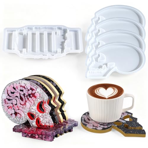 LETS RESIN 4 Pcs Skull Coaster Resin Molds Coaster Silicone Molds with Holder Halloween Coaster Molds for Epoxy Resin Skull Coasters Decoration for Festival Ideal Gifts for Crafter and Artist