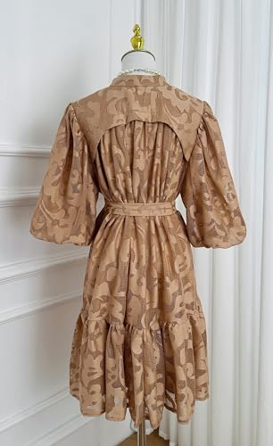 LAI MENG FIVE CATS Women's Lace Floral Puff Sleeve Ruffle Hem Stand Collar Button Loose Mini Dress3