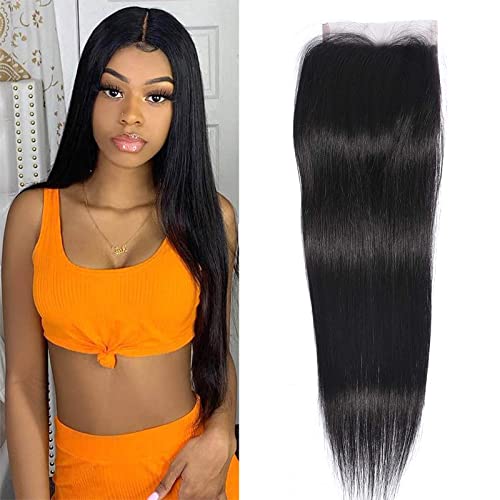 Straight Closure 4x4 Free Part Closure Brazilian Human Hair Closure Straight Lace Top Closure Human Hair 100% Unprocessed Virgin Hair Swiss Lace Closure with Baby Hair Natural Black Color (14 Inch)