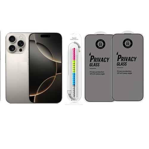 Image of Edge To Edge Privacy Tempered Glass Screen Protector Compatible With iPhone 16 Pro, 9H Hardness, Anti-Fingerprint, FHD Clear With Cable Protector Pack 2