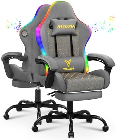 Racingreat RGB/LED Gaming Stuhl mit Lautsprecher und Fußstütze (Grau) | RGB/LED PC Stuh mit Footrests, 90°–135° Neigungswinkel Höhenverstellbar, Junge Erwachsene Gamer Büro Pause F