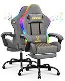 bigzzia Gaming Chair with LED and Speaker Computer Chair Lights RGB, PU Leather Video Game Chair for Adults with Footrest (Grey, With Speaker and RGB)